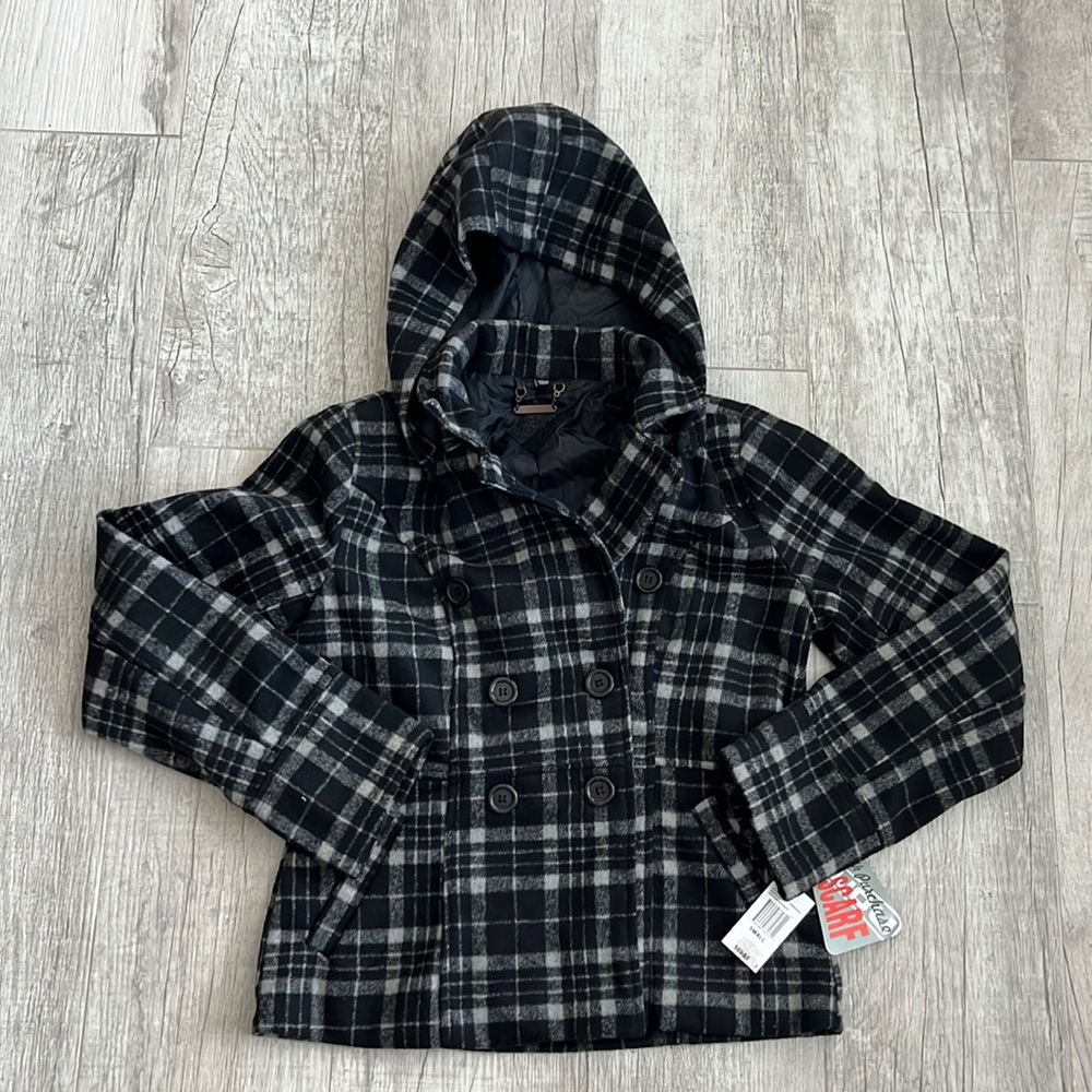 JOUJOU Double Breasted Plaid Pea Coat Black/Gray Jacket Pockets‎ Size S Girls